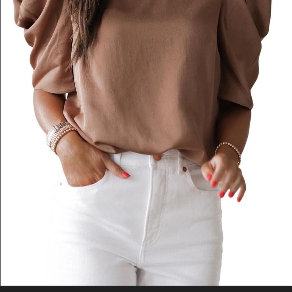 C. Luce Puff-Sleeve Blouse in Taupe